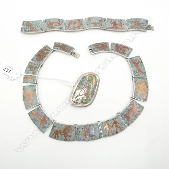 MEXICAN SILVER AND INLAID ZODIAC NECKLACE/BRACELET/BROOCH 147gms