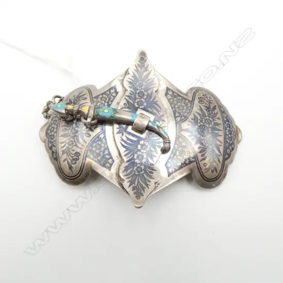 PERSIAN SILVER 2 PIECE BELT BUCKLE niello & enamel decoration dagger fastening 