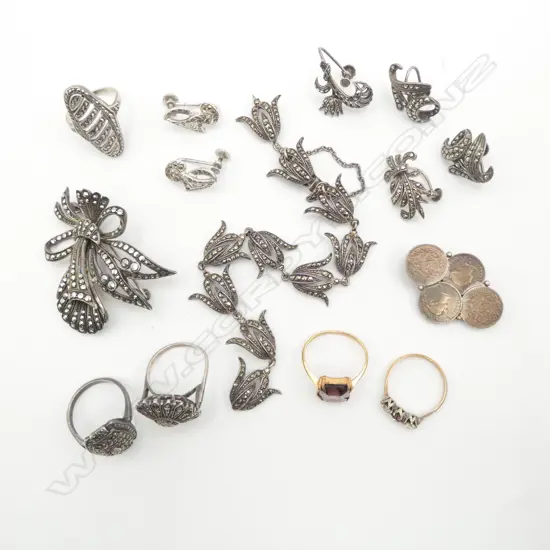 BAG SILVER MARCASITE & OTHER JEWELLERY + 2 Rolled Gold rings etc