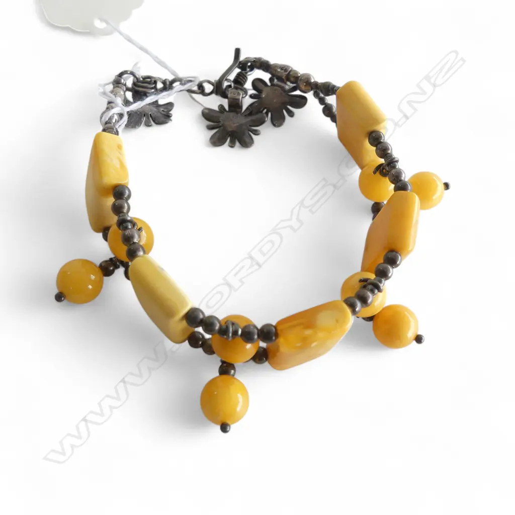 BUTTERSCOTCH AMBER & SILVER FLOWER BRACELET Image 1++