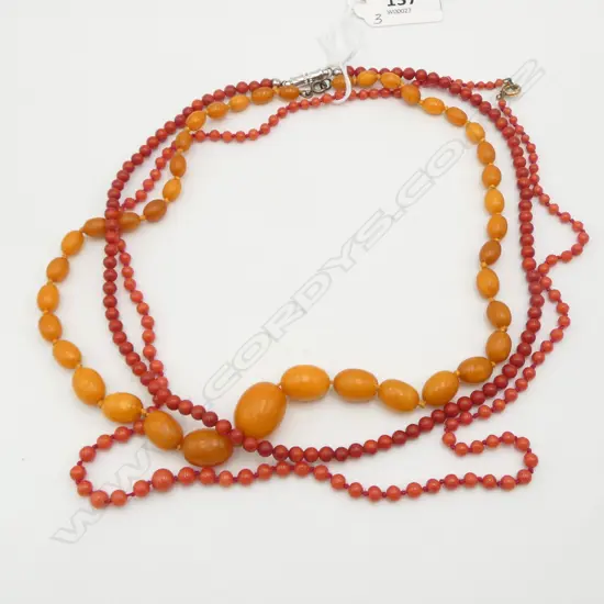3 NECKLACES; 2 CORAL & 1 AMBER STYLE