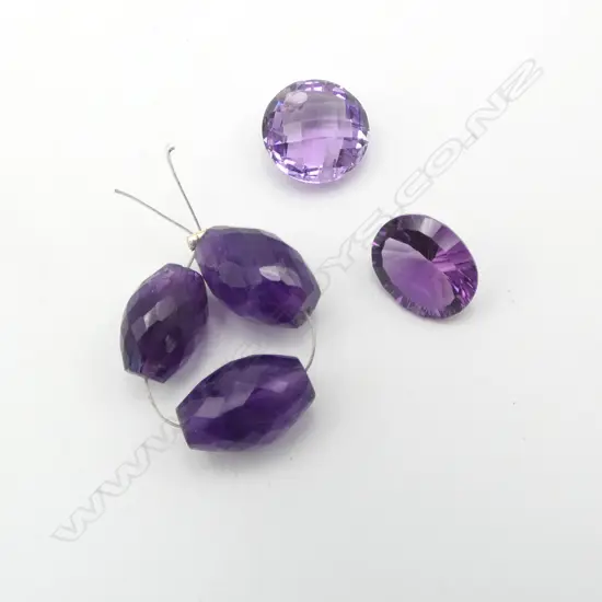 5 ASST. FACET CUT AMETHYSTS, 4 BEADS & UNSET OVAL CUT