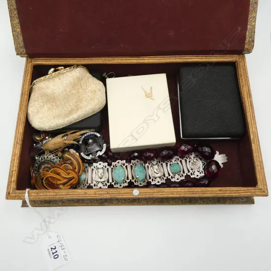 JEWELLERY BOX COSTUME JEWELLERY INCLDS SILVER SCARAB BRACELET, SILVER 1921 SCHOOL BADGE & GROUSE CITRINE BROOCH