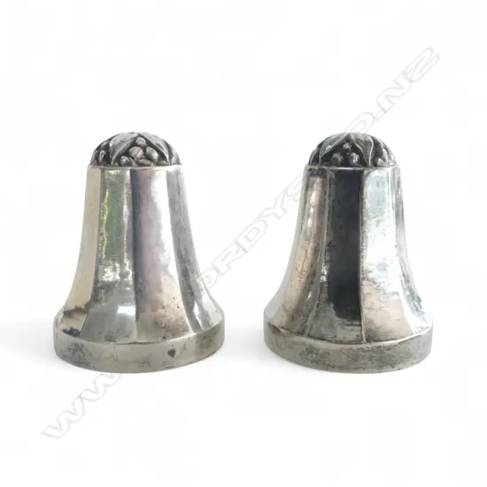 GEORG JENSEN SILVER PR OF CONDIMENTS floral top. Impressed marks to base. H.35mm. 32gms