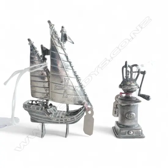 2 CAST STERLING MINI SCULPTURES: GALEON + COFFEE? GRINDER 55.5gms