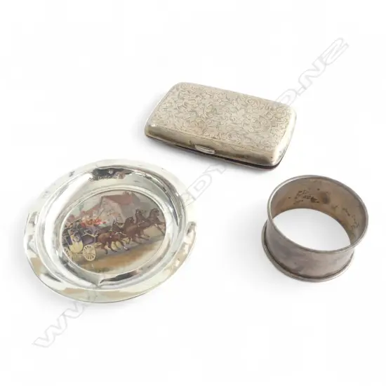 SILVER CARD CASE + NAPKIN RING 87gms + SILVER rimmed ceramic DISH