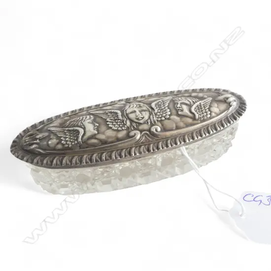 EDWARDIAN SILVER ANGELS EMBOSSED LIDDED cut crystal VANITY BOX long oval. Birmingham 1905 
