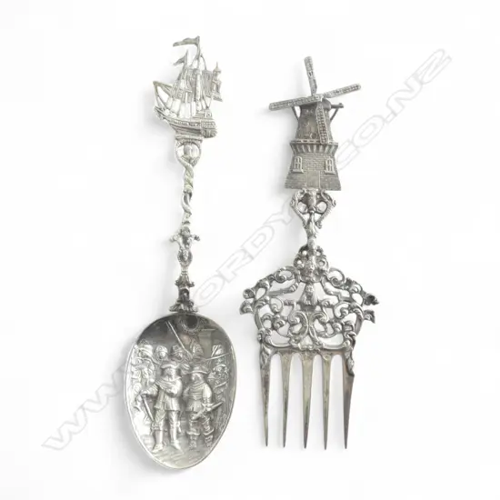 2 DUTCH WALL HANGING UTENSILS: LGE FORK w windmill + Spoon w galleon144gms 