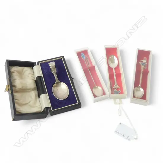 4 STG SILVER SPOONS; CASED B/HAM, 3 N.Z. SOUVENIR SPOONS
