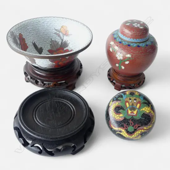 3 PCS ORIENTAL CLOISONNE; GINGER JAR, H.80mm TRINKET BOX, H.40mm & BOWL, H.50mm, plus stands
