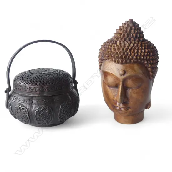 ORIENTAL METAL LIDDED CONTAINER 125mm dia + CARVED WOODEN BUDDHA HEAD H.170mm