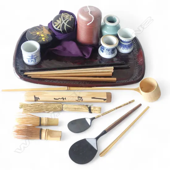 JAPANESE TRAY OF CHADOGU (TEA CEREMONY) UNTENSILS: whisks + ladle + various containers lacquered & pottery. some bamboo 