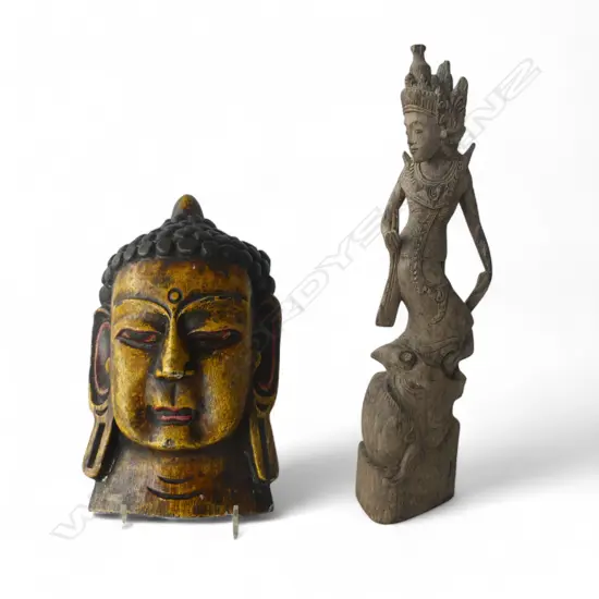 2 ORIENTAL CARVED WOODEN PCES; INDONESIAN FIGURE H.325mm , BUDDHA FACE H.245mm