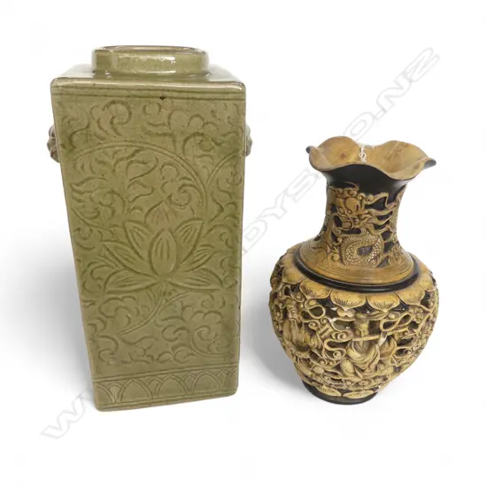 2 CHINESE VASES; CHINESE CELADON GLAZED, 300mm & CINNABAR-STYLE CARVED SOAPSTONE, 230mm