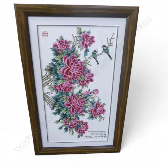 CHINESE ARTWORK, HAND PAINTED FLORALS ON CERAMIC 800x425mm
