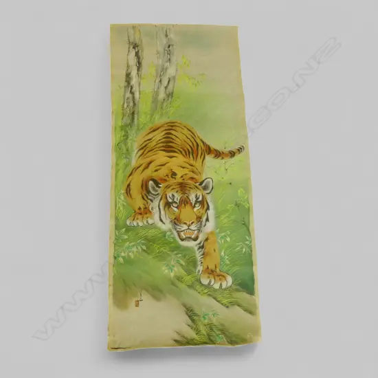 VINTAGE ORIENTAL HANDPAINTED TIGER ON SILK, H.1080 x 450mm