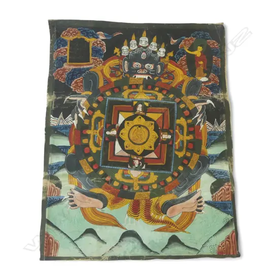 VINTAGE HANDPAINTED TIBETAN MANDALA THANGKA, 560 x 440mm