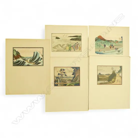 5 UNFRAMED 20thC HOKUSAI UKIYO-E WOODBLOCK PRINTS; Mounted on card, foxing, 210x280mm