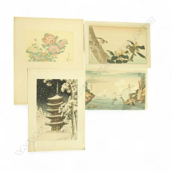 4 UNFRAMED JAPANESE WOODBLOCK PRINTS INCLUDING 20thC HOKUSAI & DAIGOJU TEMPLE KYOTO 450x300mm foxing