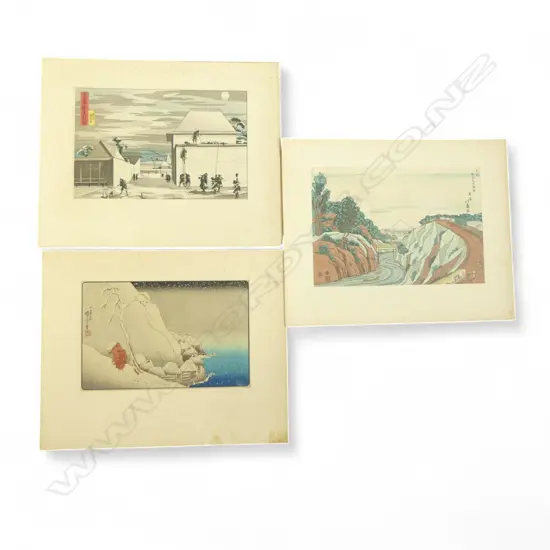 3 UKIYO-E WOODBLOCK PRINTS; 2 KUNIYOSHI PRINTS + SHOTEI HOKUJU 'VIEW OF OCHANOMIZU IN THE EASTERN CAPITAL' 260x370mm...