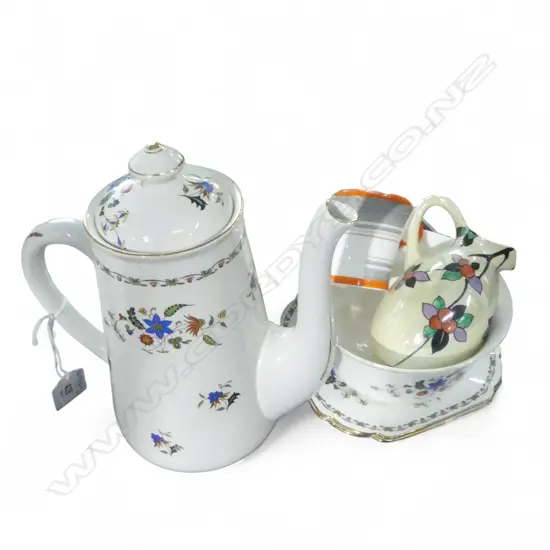 SHELLEY CHINA SALAD BOWL & MATCHING PLATE COFFEE POT SUGAR BOWL & 2 SIDE PLATES& 4 JUGS MIXED PATS