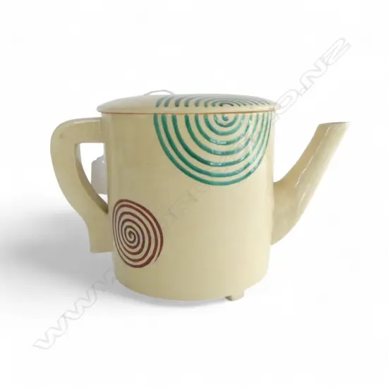 VINTAGE Art Deco JAPANESE CERAMIC LGE TEAPOT cream w coloured spirals H.155mm