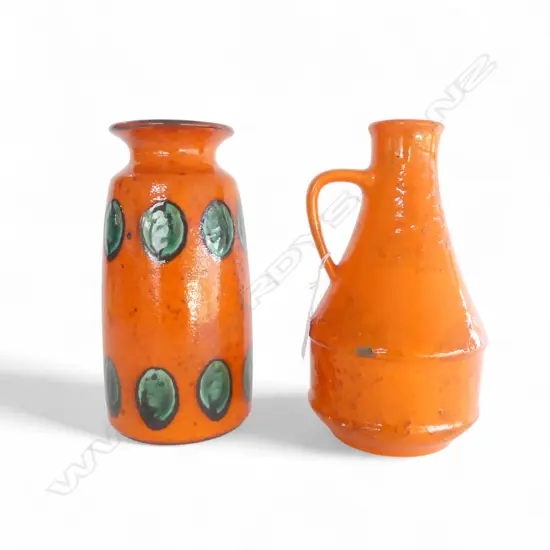 2 ORANGE MID CENTURY GERMAN VASES, H.250mm