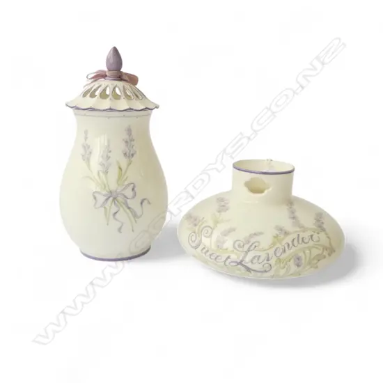 2 Royal Worcester 'Sweet Lavender' containers: lidded pot with pierced lid + squat vase. 1923. H.135mm.