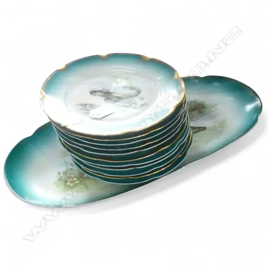 FISH DISH L.520mm + 11 PLATES 220mm dia CZECHOSLOVAKIA