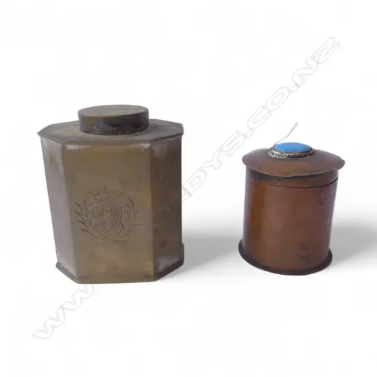BRASS ARMOURIAL TEA CADDY H120MM & COPPER ARTS & CRAFTS TEACADDY WITH BLUE ENAMAL H120MM