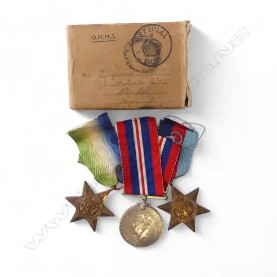 3 WWII MEDALS TO TOMMY GLOVER 1 STD LION + 2 STARS: The France & Germany + The 1939-1945 both w ribbons