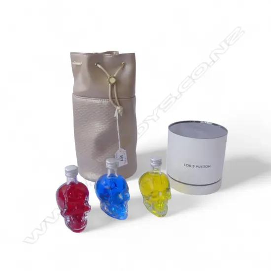 LOUIS VUITTON PERFUME BOTTLES, BVLGARI BAG & LOTIONS, 6 SKULL BOTTLES H.90mm
