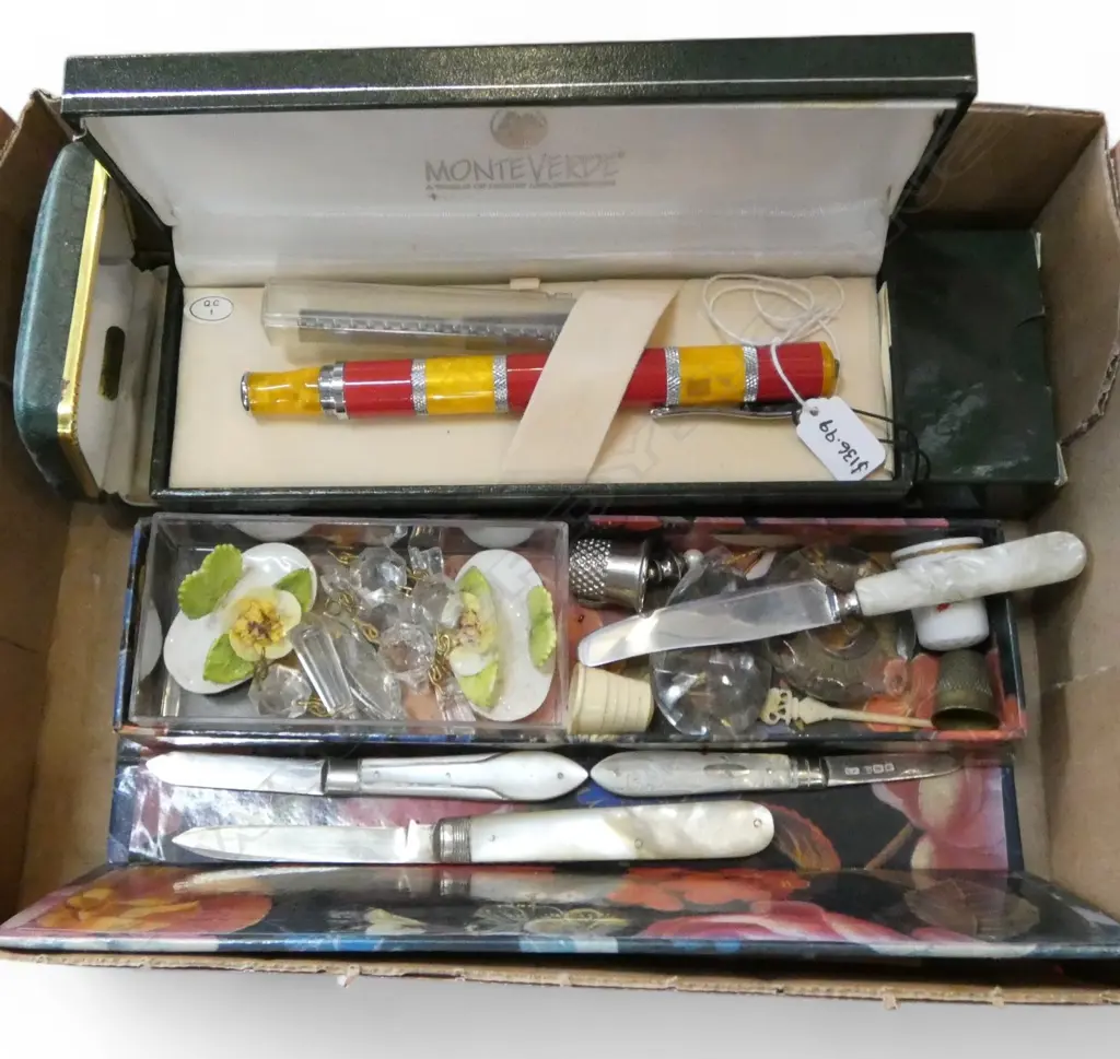 DIAMOND set gold stud + 3 MOP POCKET KNIVES (2 w. STG SILVER BLADES), CASED PEN ETC Image 1++