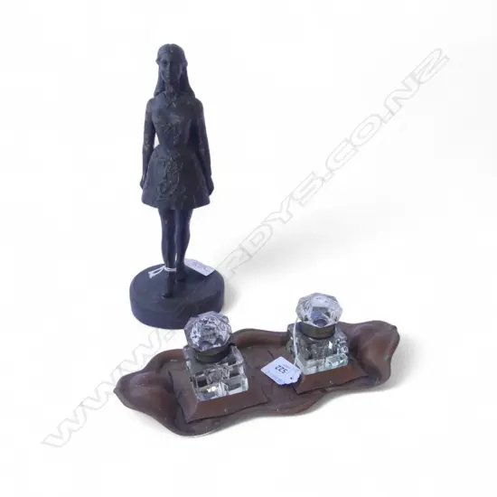 ART NOUVEAU COPPER DESK STAND & BRONZED FIGURE H.270mm