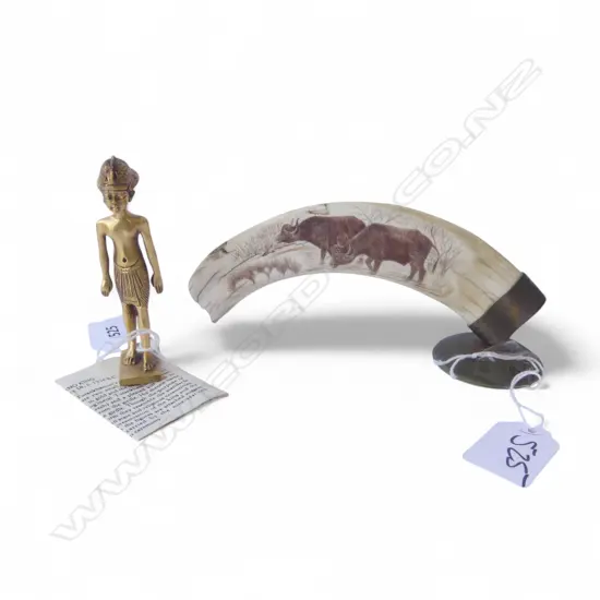  MARINE IVORY SCRIMSHAW  & GOLD PLATED TUTANKHAMUN FIG. 
