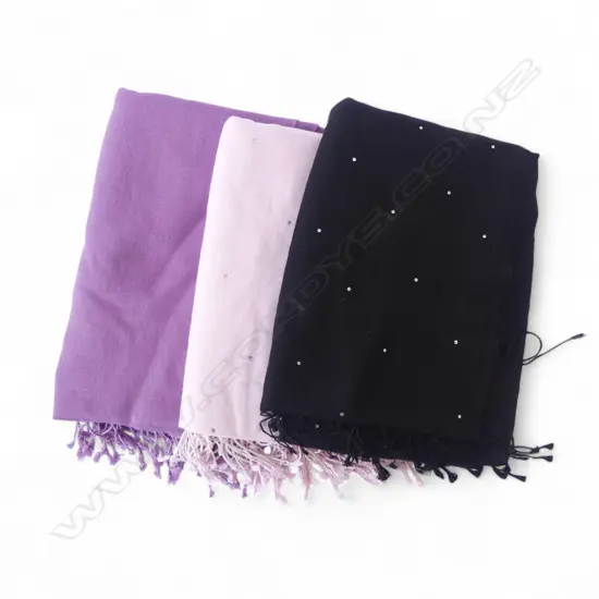3 WOOL PASHMINAS, MAUVE, PINK & BLACK