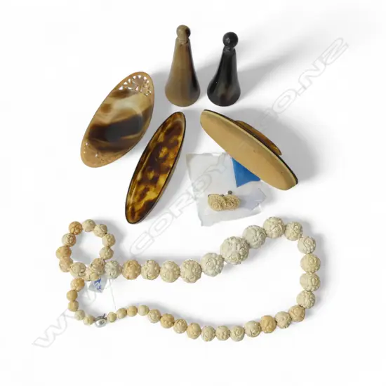 PR CARVED HORN SCENT FLASKS, BOWL, NAIL BUFFER + NECKLACE & PR EARRINGS