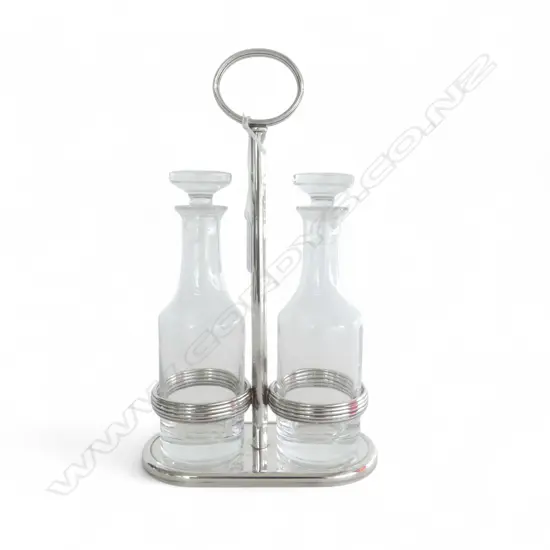 FRENCH CHRISTOFLE SILVER PLATE 2 BOTTLE CRUET SET in stand H.255mm