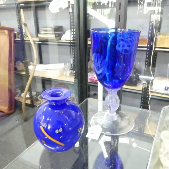 PETER RAOS ART GLASS GOBLET H.190 & VASE SIGNED 'VIZ' H.100mm