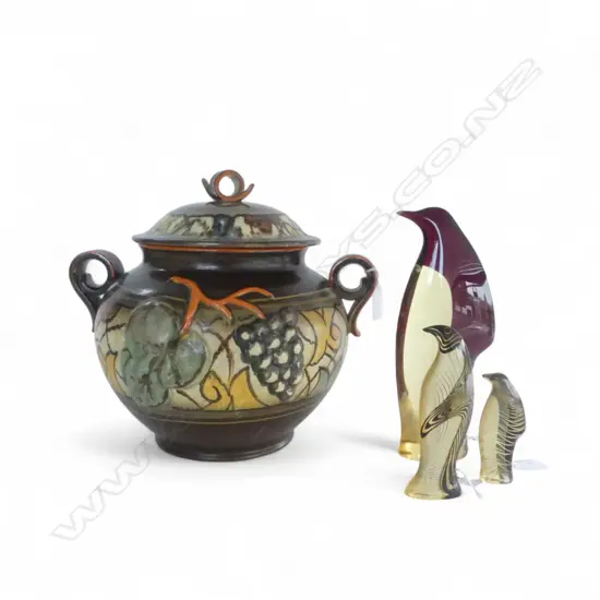 MID CENTURY STYLE SOUP TUREEN (NO LADLE) 270 mm (H) AND THREE PLASTIC PENGUINS 250mm (H) TALLEST 