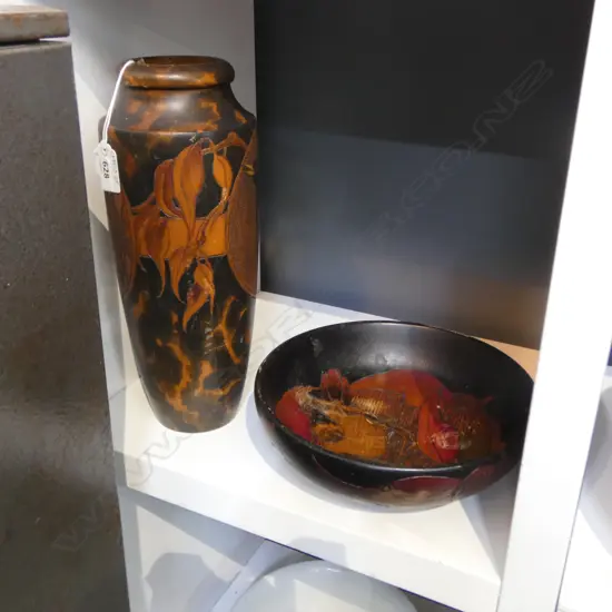  ARTS & CRAFTS POKER WORK VASE & BOWL H.310mm vase with tui motif