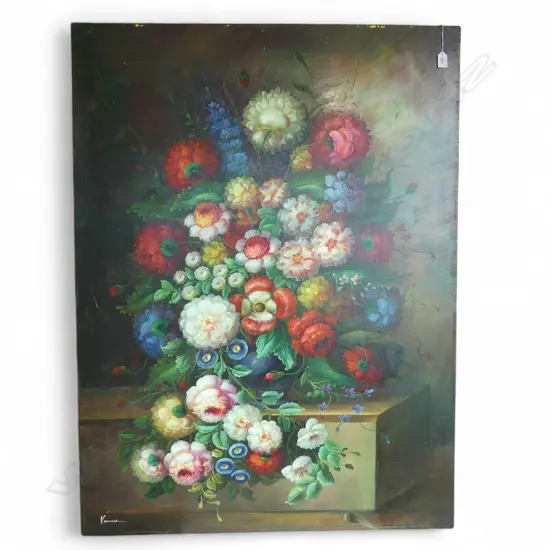 SIGNED INDISTINCTLY DUTCH STYLE FLORAL STILL LIFE OIL ON BOARD (U/F) 1220 X 910 mm