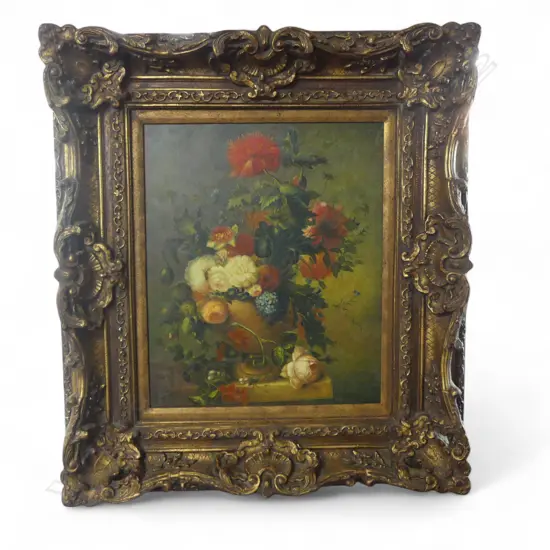 ARTIST UNKNOWN DUTCH STYLE STILL LIFE OIL ON CANVAS IN DECORATIVE GOLD FRAME 600 X 500MM