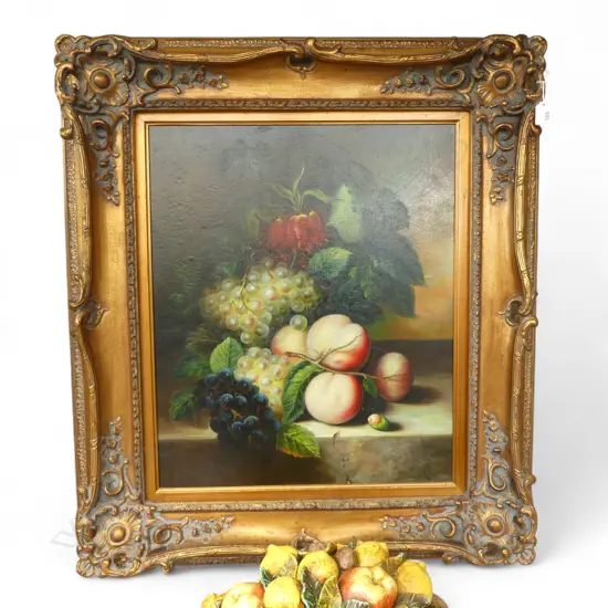ANTIQUE STYLE FRUIT STILL LIFE, OIL ON CANVAS 600x500mm