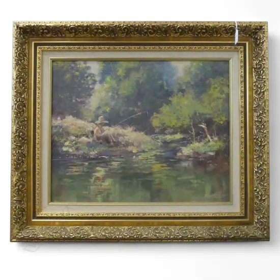 RANDALL FROUDE OIL ON BOARD 'FISHING' SIGNED 400  x 500mm