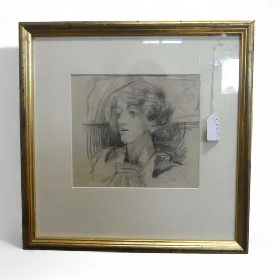 FLORENCE ELEANOR SHEPARD (NEE CHAPLIN), SELF PORTRAIT 1906, CHARCOAL & PENCIL 160x180mm (WIFE OF WINNIE THE POOH AUTHOR)