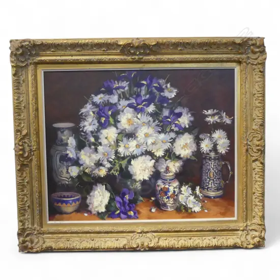 ISOBEL MCBEATH (b. NZ 1939) FLORAL STILL LIFE 'STUDY IN BLUE & WHITE' ACRYLIC ON CANVAS 1997 590x740mm