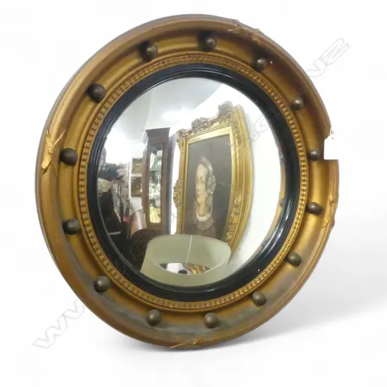 FRENCH EMPIRE STYLE ROUND GILT MIRROR WITH CONVEX GLASS 425 MM DIAMETER