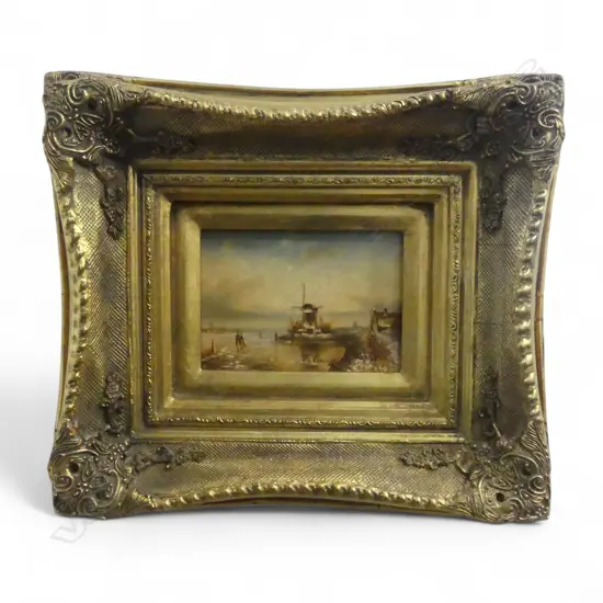 H WOODS 20TH CENTURY, DUTCH STYLE WINTER LANDSCAPE OIL ON BOARD SIGNED HOUSED IN ORNATE GOLD FRAME 125 X 165 MM