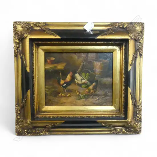 20TH CENTURY ARTIST UNKNOWN CHICKENS AND PIGEONS IN A BARN OIL ON BOARD 190 X 220 MM